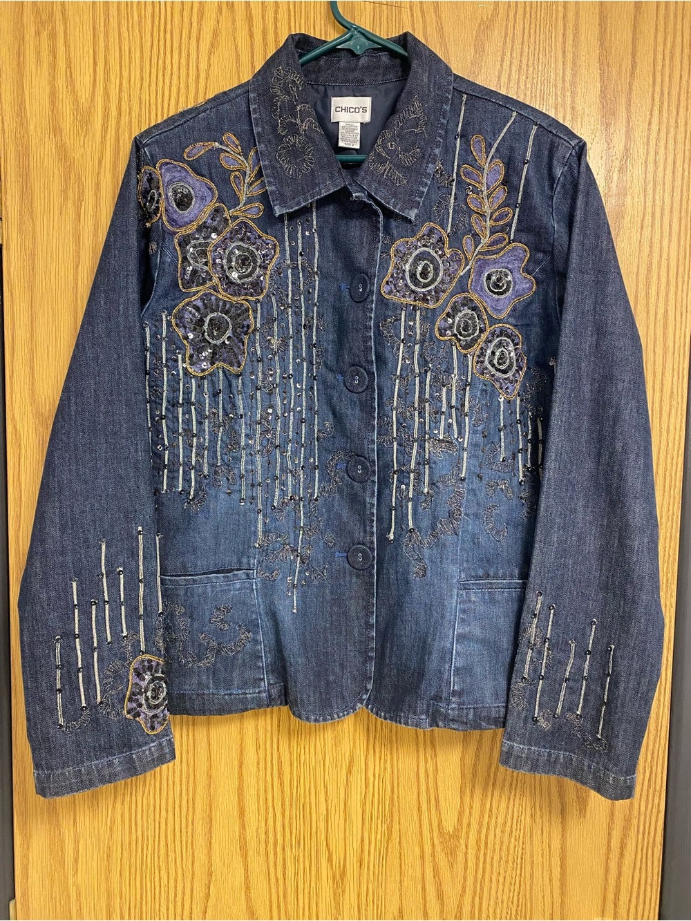 Chico's Dark Blue Denim Jacket with Embroidered Floral Accents